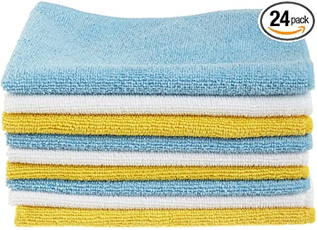 Amazon Basics Microfiber Cleaning Cloths, Non-Abrasive, Reusable and Washable - Pack of 24, 12 x16-Inch, Blue, White and Yellow